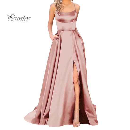 Rochie de seară Curea spaghete Fătură înaltă Umăr fără spate Fără mâneci Buzunare laterale Linie A Lungime la podea Satin Culoare pură Prom Banchet Petrecere Maxi