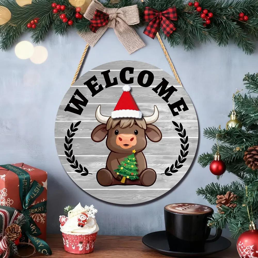 Rustic Upland Cow Wooden Welcome Sign with 35 Interchangeable Accessories for Seasonal Home Decoration Hanging