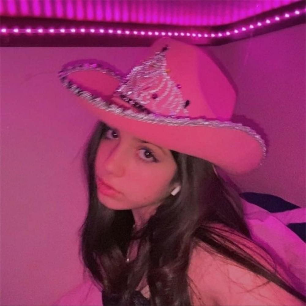 Pink West Cowgirl Hat for Women Girls Tiara Feather Felt Western Sequin Cowboy Cap Costume Party Dress Jazz Caps Cosplay Props