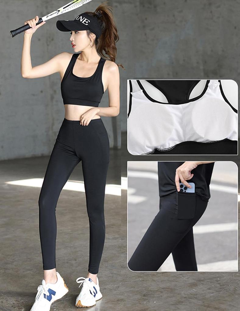 AILITI Sportswear Gym Sports Women's 5-Piece Set, Fitness, Training, Running, Yoga, Jersey, Top, Shorts, Leggings, Bra, Sweat-Wicking, Quick-Drying