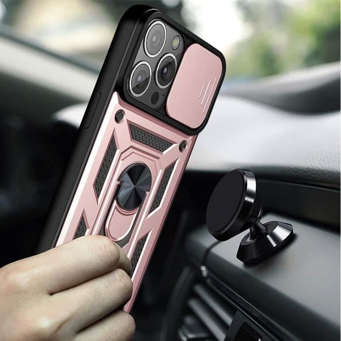 Coque pour iPhone 14 Pro Max - Antichoc - Rose - Support intégré - Couvercle coulissant - Anneau rotatif