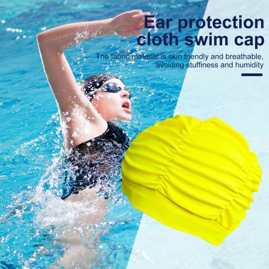 Women Cloth Swimming Cap, Breathable Ruffle Solid Color Swim Pool Cap for Adults, Short Long Thick Hair Ear Protection Bathing Hat