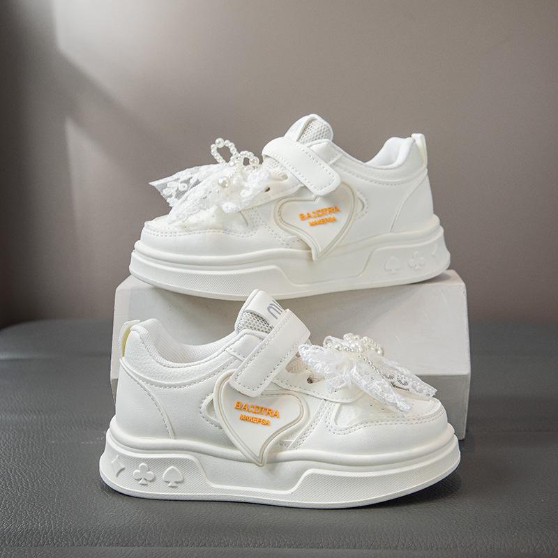 Girls' Sneakers Spring and Autumn New Children's White Shoes Leather Panel Shoes Flat Breathable Running Shoes Trendy