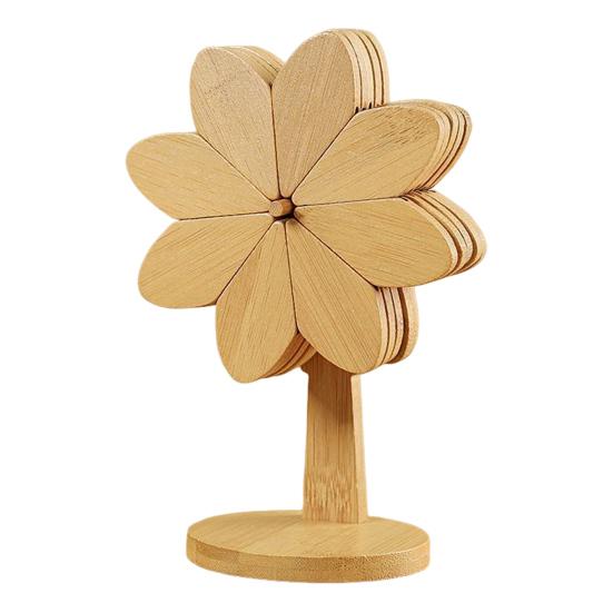 5Pcs/Set Wooden Coasters Set with Stand Pinwheel Shape Changeable Design Heat-resistant Coasters Kitchen Dining Decor