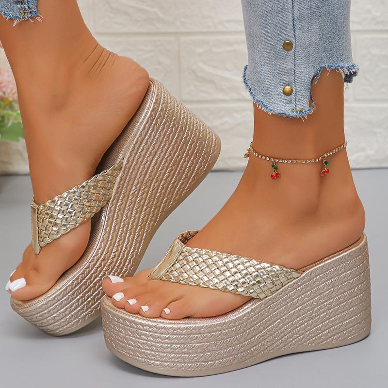Klemå Sandaler med Gullkile for Kvinner Mote Flettet Rem Platåsandaler Kvinne Sommer Tykksålede Tøfler Strand Flip-flops