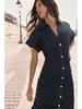 2025 Spring Women's European & American Style Short-Sleeve Denim Midi Dress with Turn-Down Collar