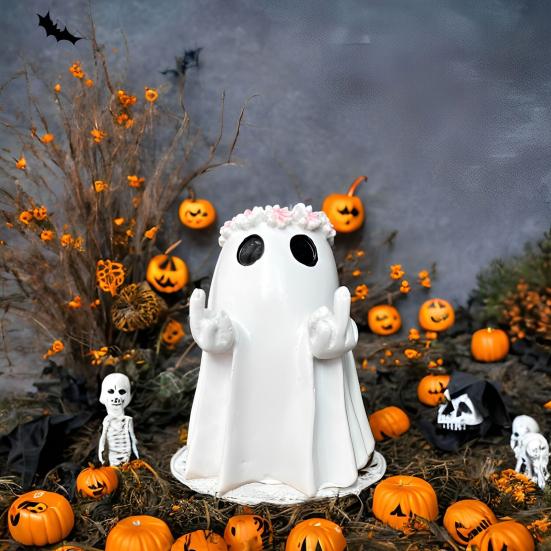 Halloween Middle Finger Ghost Statue Wreath Ghost Resin Figurine Sculpture Holiday Party Home Office Desktop Decoration Ornament