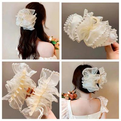 Elegant Chiffon Pearl Grab Clip Girl Double Sided Bow Hair Claw Clip Bubble Women'S Hair Accessories Shark Clip