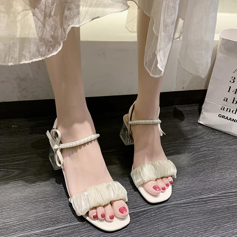 2024 Sandały Damskie Buty Lato Obcas Blokowy Garnitur Damski Beżowy Pasek z Klamrą Nowe Grube Czarne Retro Plastikowe Damskie Wygodne Przezroczyste