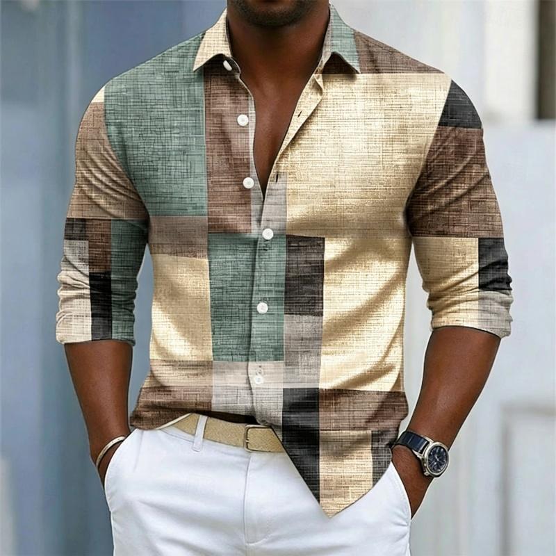 Men's Collar Long Sleeved Shirt with Color Block Splicing and Geometric Printing, Casual Loose Fit Shirt Suitable for Street and