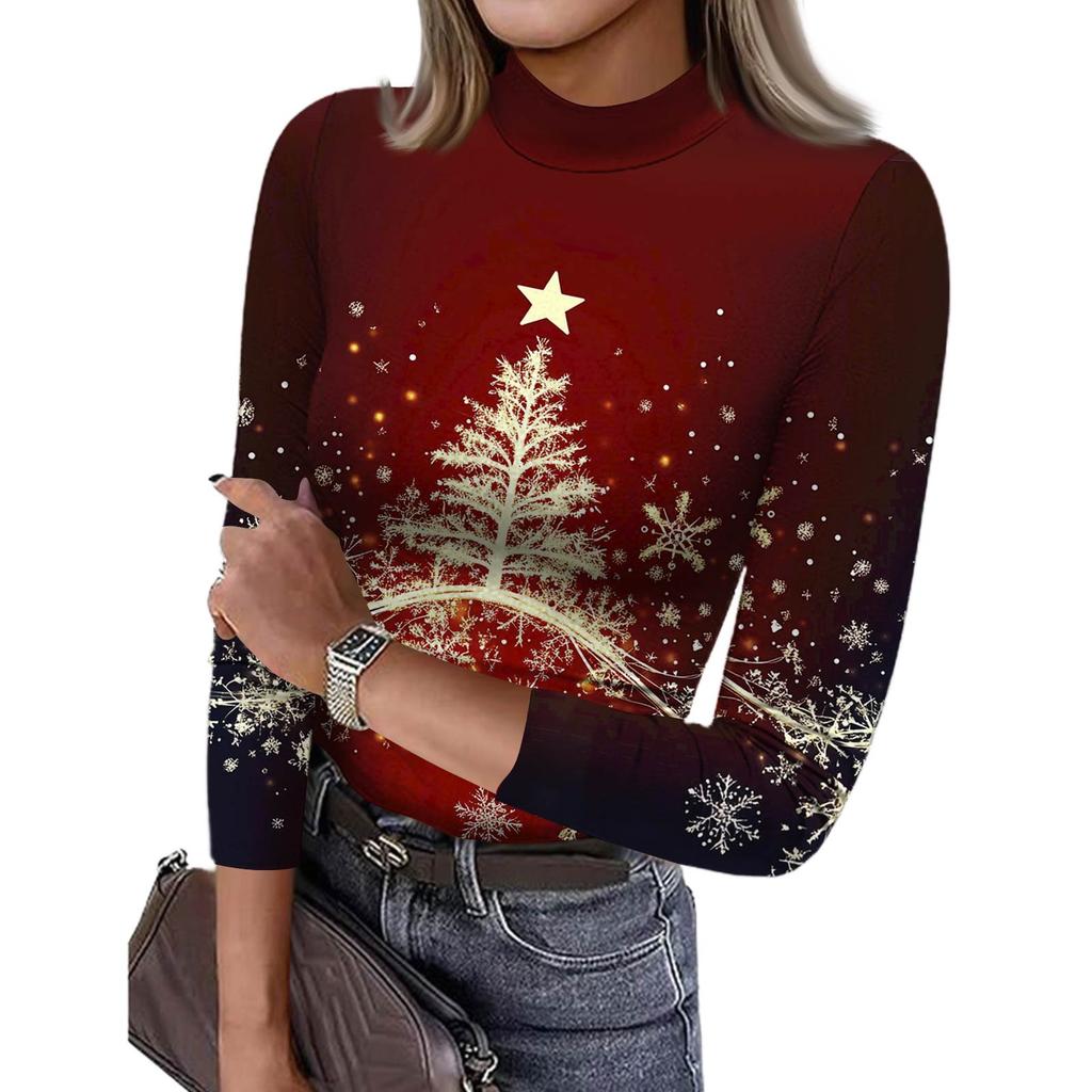 Damen Slim Bottom T-Shirt Mode Lässig Farbverlauf Druck Rundhals Pullover 3/4 Ärmel Top