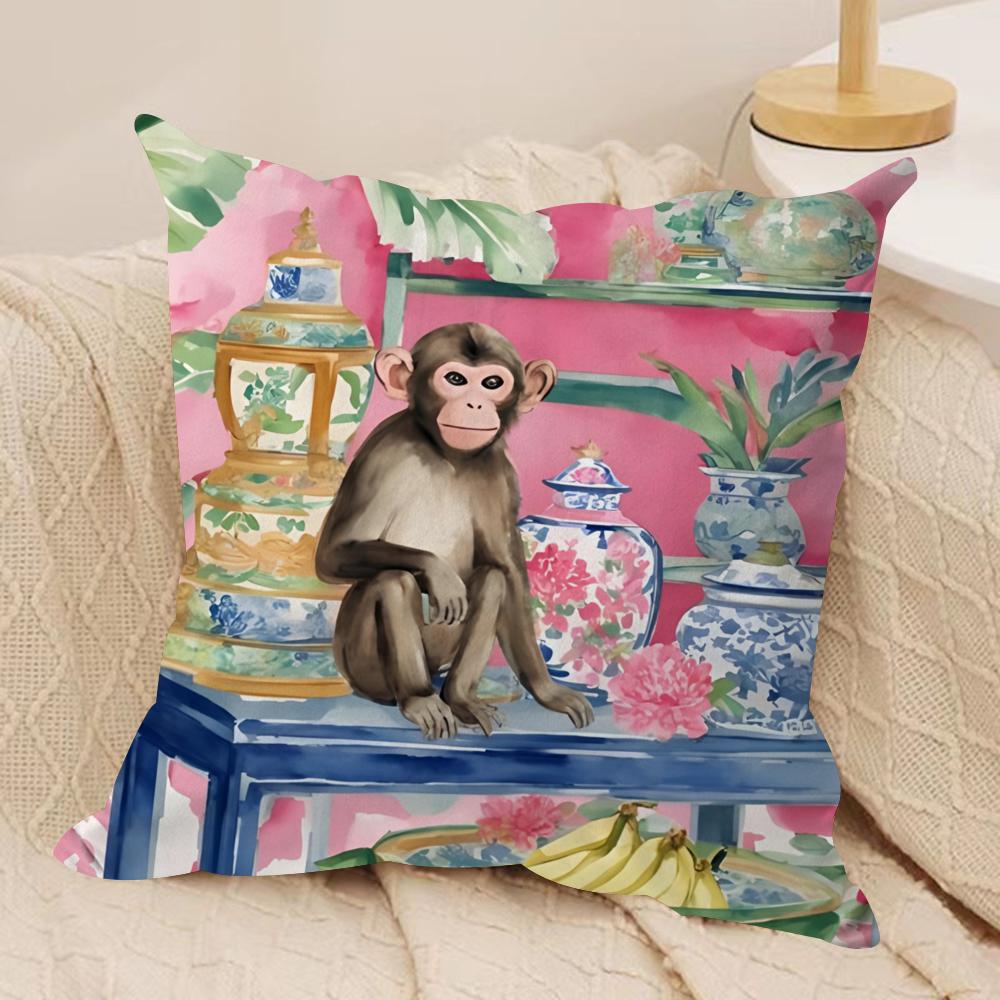 Monkey in chinoiserie garden Cushion Cover Soft Plush Fabric DoubleSided Printed Cushion Covers for All Seasons Home Decor