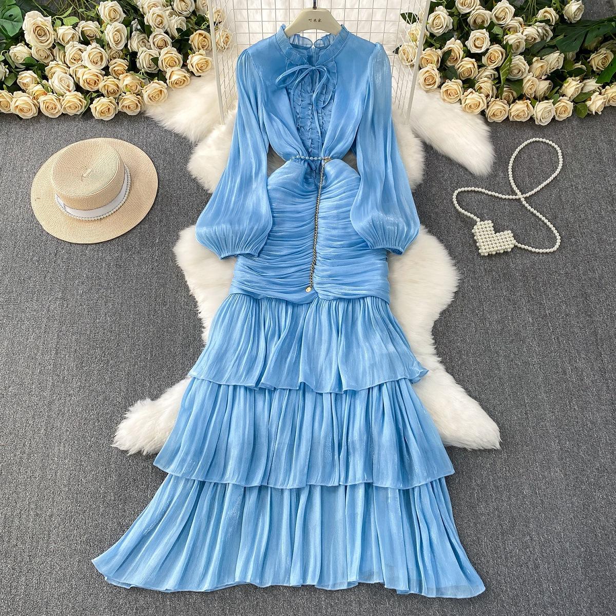 

Французское платье Высококачественное кружево с отделкой Талия Рукав-фонарик Рюши Край Длинное платье Юбка 4XL синий