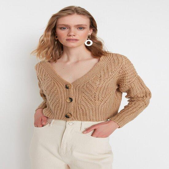

Camel Crop Düğme Detaylı Triko Hırka