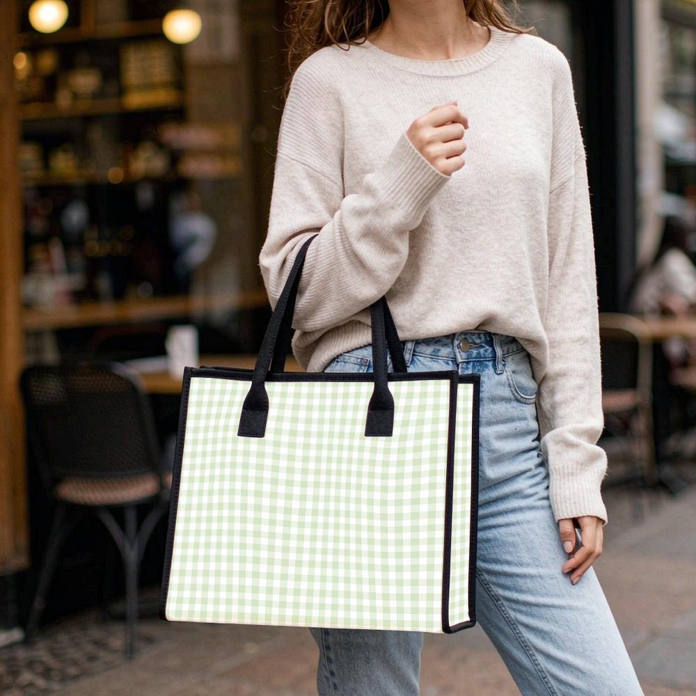 Light Green Gingham Canvas Tote Bag Casual Daily Large Capacity Women Shopping Handbag