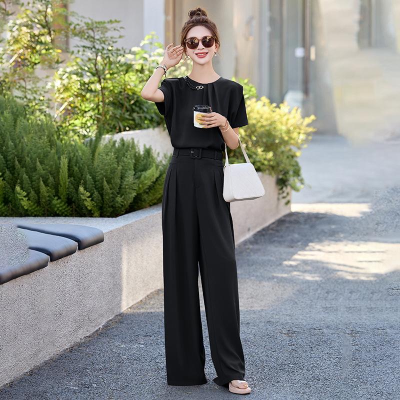Royal Sister Fan Fashion Suit Women's  New Design Short-sleeved Shirt Drape Wide-leg Pants Two-piece Set Trendy