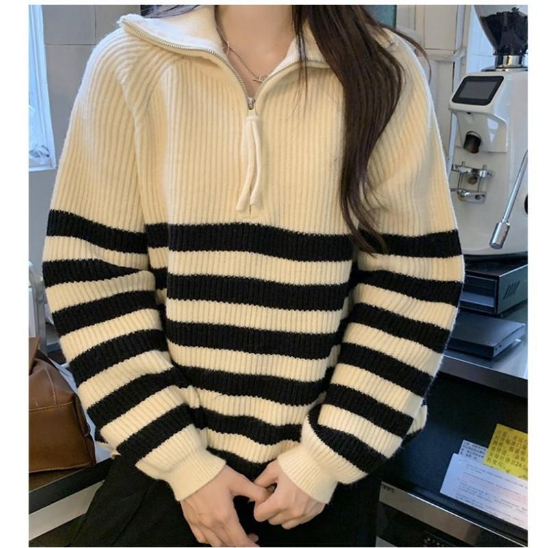 Pruhovaný pulovr se stojáčkem a polovičním zipem pro ženy Podzimní a zimní volný pletený svetr pro ženy