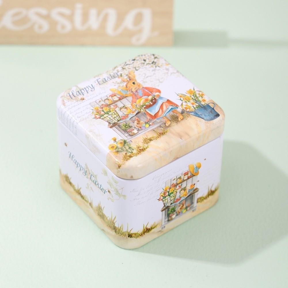 Iron Material Easter Gifts Box Square Shape Rabbit Tin Storage Box  Candy Storage
