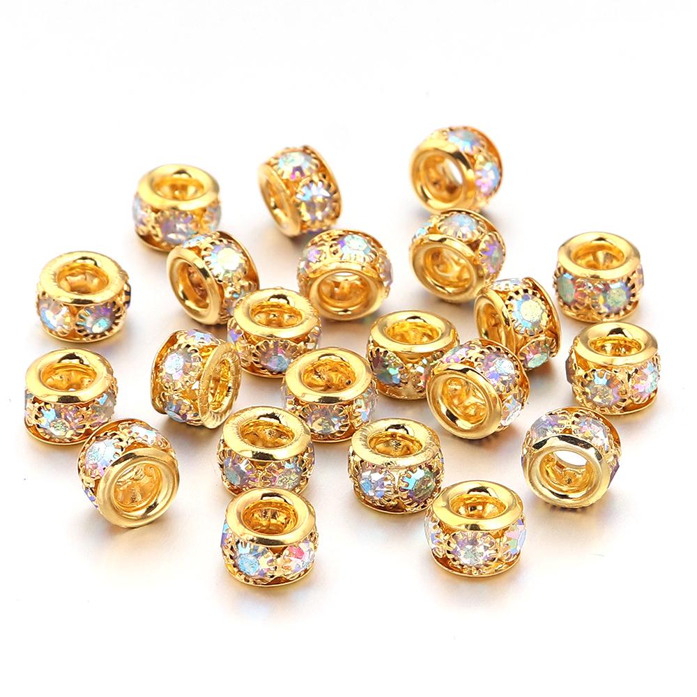 10pcs/lot Brass Rhinestone Metal Spacer Beads Big Hole Crystal Loose Beads For Jewelry Making DIY Necklace Bracelet Accessories