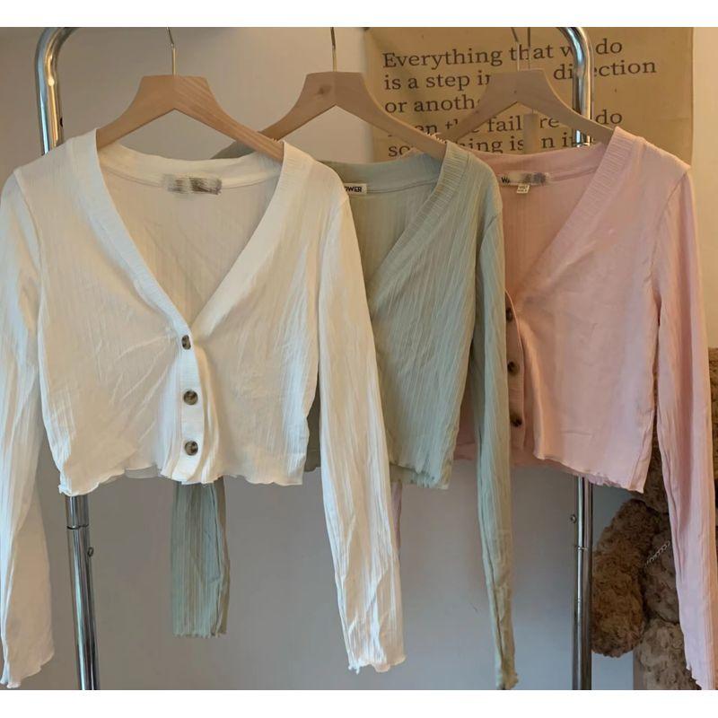 

@ Export Single * Flower Gentle Retro Sunken Stripe Ruffles Deep V Short Long Sleeves Cardigan C140 Cream Powder (No.3 Color Flaw 3X