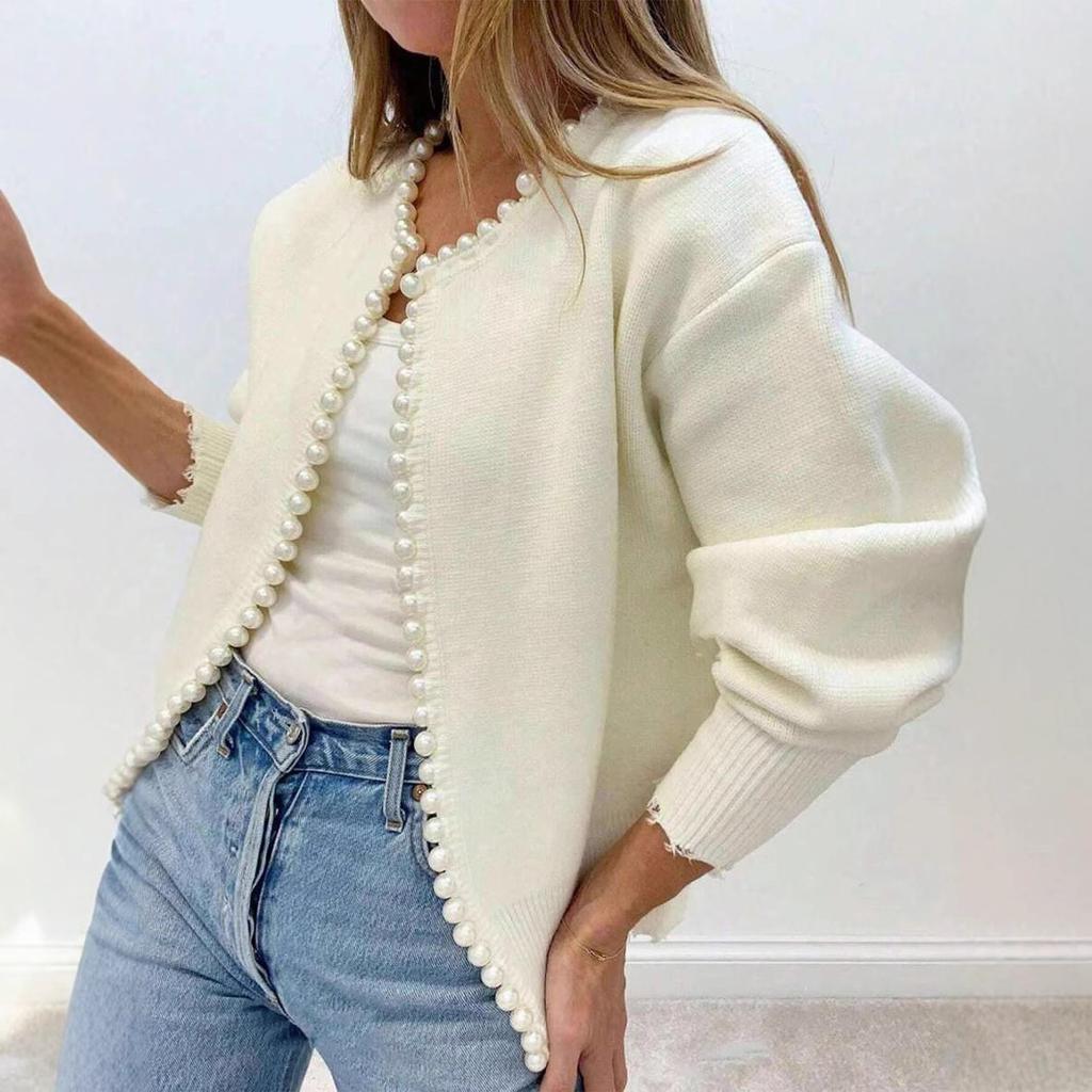 Spring Round Neck Pearl Trim Knit Top Cropped Long Sleeve Detailed Cardigan Fashion Coat Women