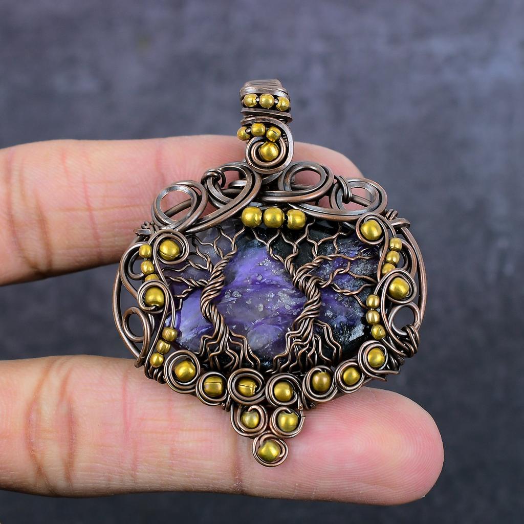 Natural Russian Charoite Handmade Copper Wire Wrap Jewelry Pendant 2.24" q2R79