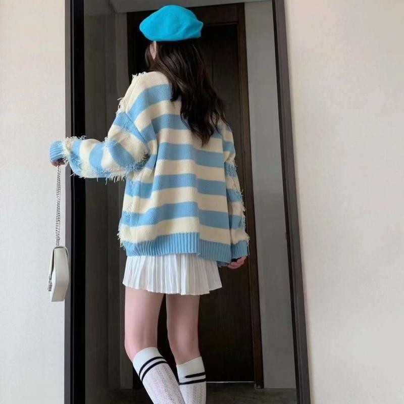 

Autumn and winter new loose V-neck fringed design pullover fashion striped knitted sweater women s top