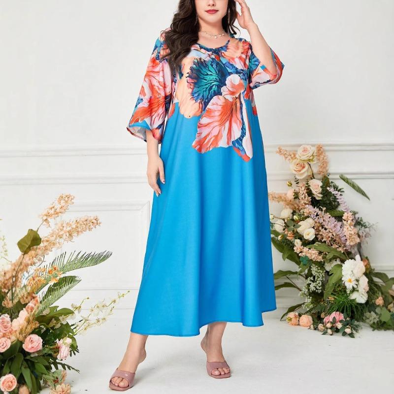 Elegancka długa sukienka damska plus size w stylu narodowym z nadrukiem vintage