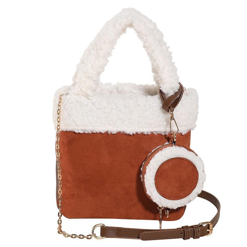 

Ins Net Red Lamb Hair Suede Handbag Women s High-end Plush Bucket Bag All-match One-shoulder Cross-body коричневий