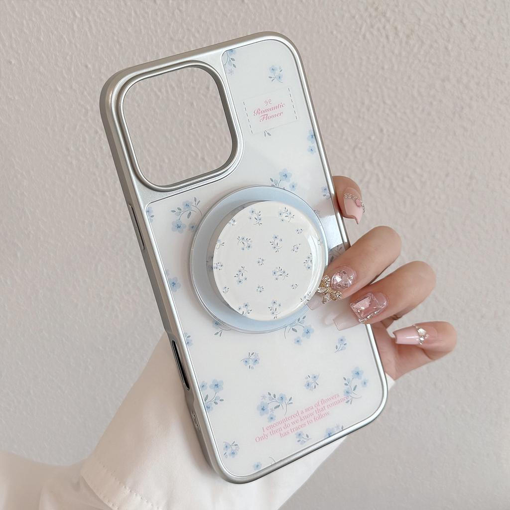 Fresh and Suitable for Apple 15 Promax Mobile Phone Case Iphone16 Electroplating 13 Magnetic 14 Small Blue Flower Stand 12 Hard