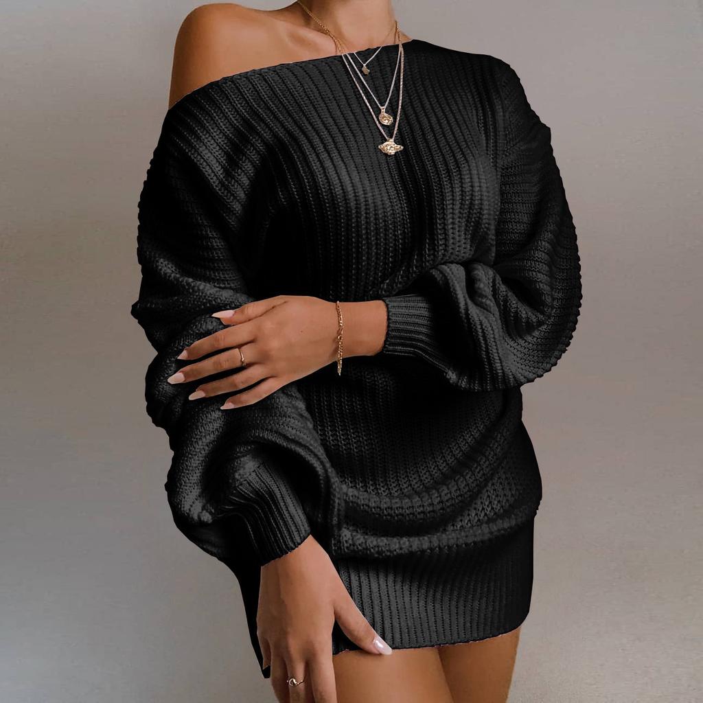 Lässiges Europäisches Off-Shoulder Strickkleid mit Laternenärmeln