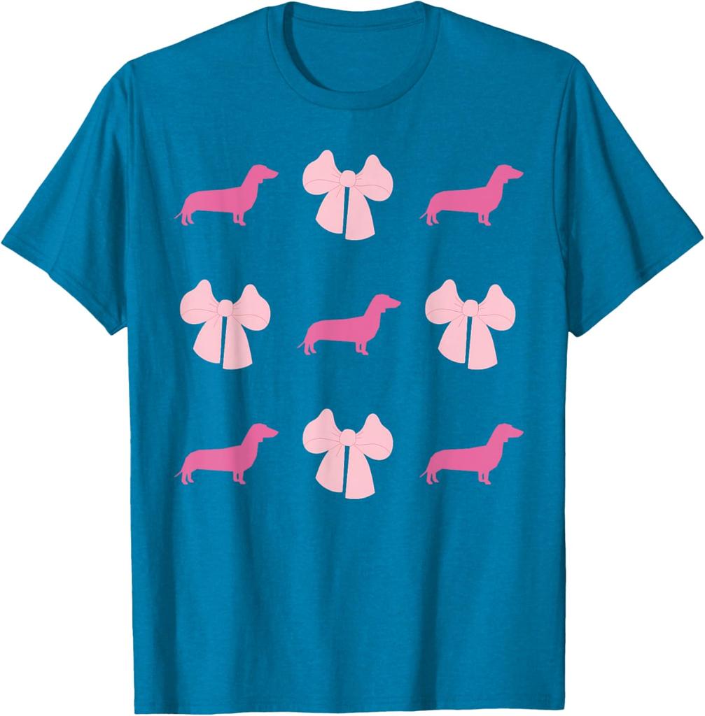 Pink Dachshund Bow Pattern Graphic Tee Cute Wiener Dog Lover Short Sleeve T-Shirt