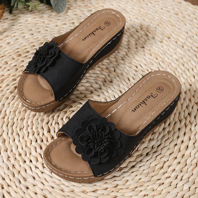 Chinelos de Cunha com Decoração de Flores Retrô Femininos Sandálias de Plataforma com Fundo Grosso de Verão Femininas Antiderrapantes Sapatos de Praia Chinelos para Exterior