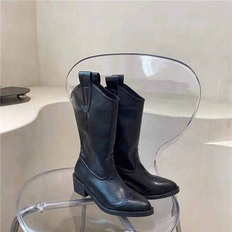 Fashion Half High Boots for Women Waterproof Mid Calf Shoes Woman Retro Pointed Toe Chic and Elegant Boot Sale Pu Quality On Offer Y2k