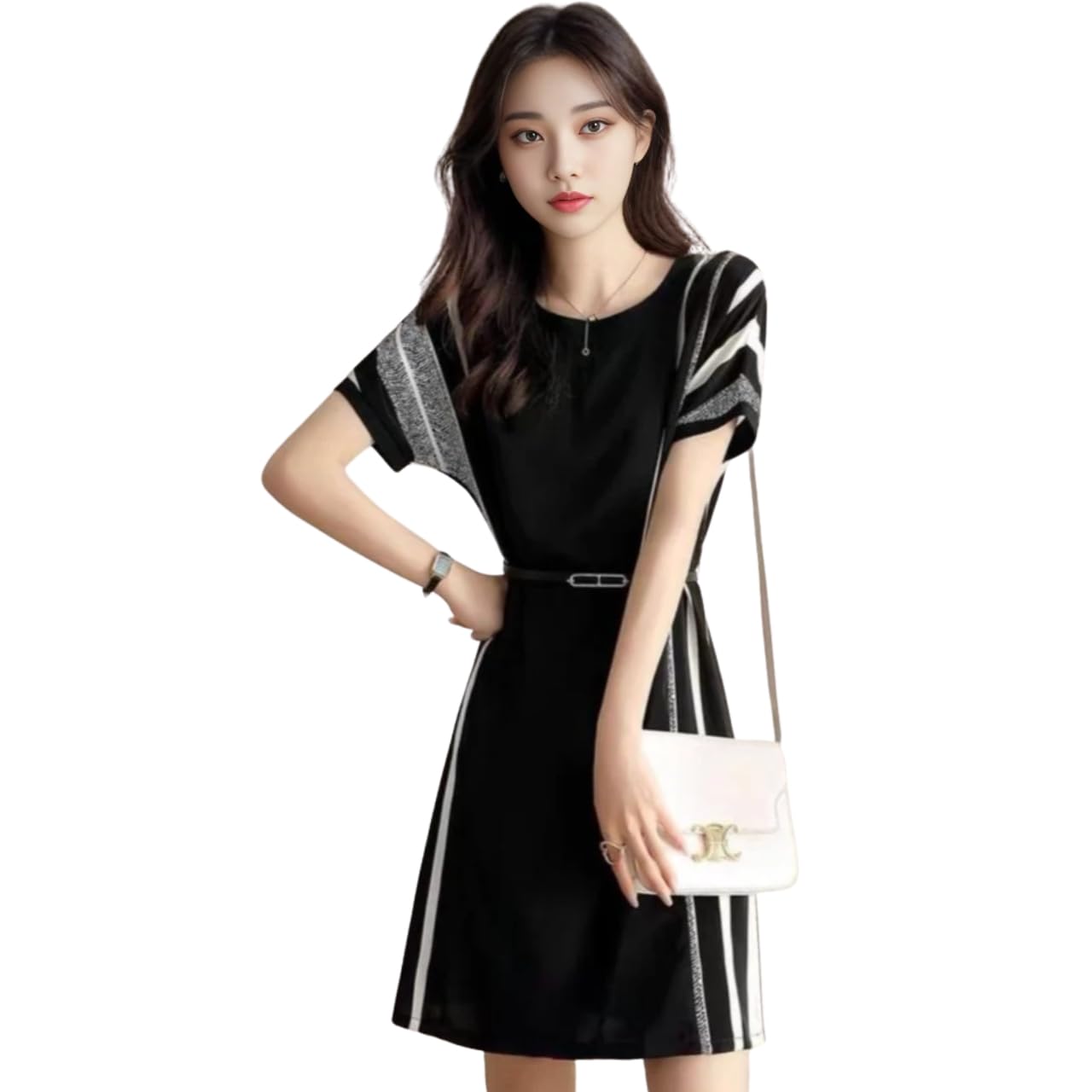 

J-Scott Belted Striped Dress, Above Knee, Flared, Short Dolman Sleeves, Luxury Black, JS53-BK-M (Limited Stock)