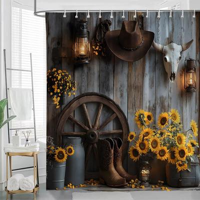 Western Cowboy Shower Curtain Farmhouse Barn Door Southwest Country Ranch Cowboy Boots Floral Rustic Southwestern Theme Bathroom