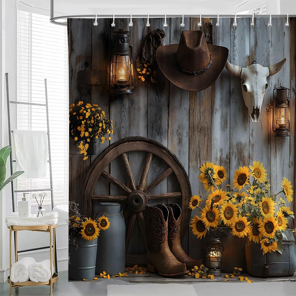 Western Cowboy Shower Curtain Farmhouse Barn Door Southwest Country Ranch Cowboy Boots Floral Rustic Southwestern Theme Bathroom