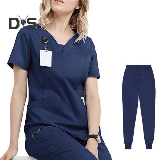

Комплект из 2 предметов женской больничной униформы с V-образным вырезом, короткими рукавами и карманами, эластичным поясом, спортивными штанами, быстросохнущий костюм медсестры для больницы и стоматолога XL темно-синий