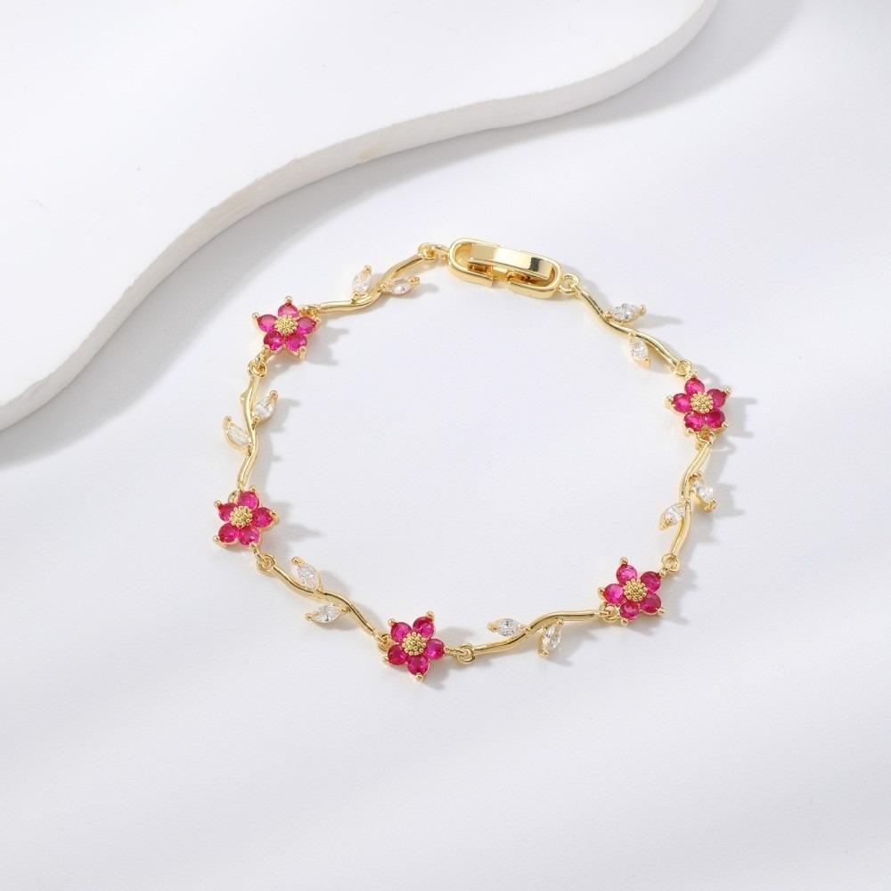 Tide Multiple Color Flower Rhinestone Branch Leaf Bracelet Dopamine Niche Sense Copper Women's Bangle Gifts