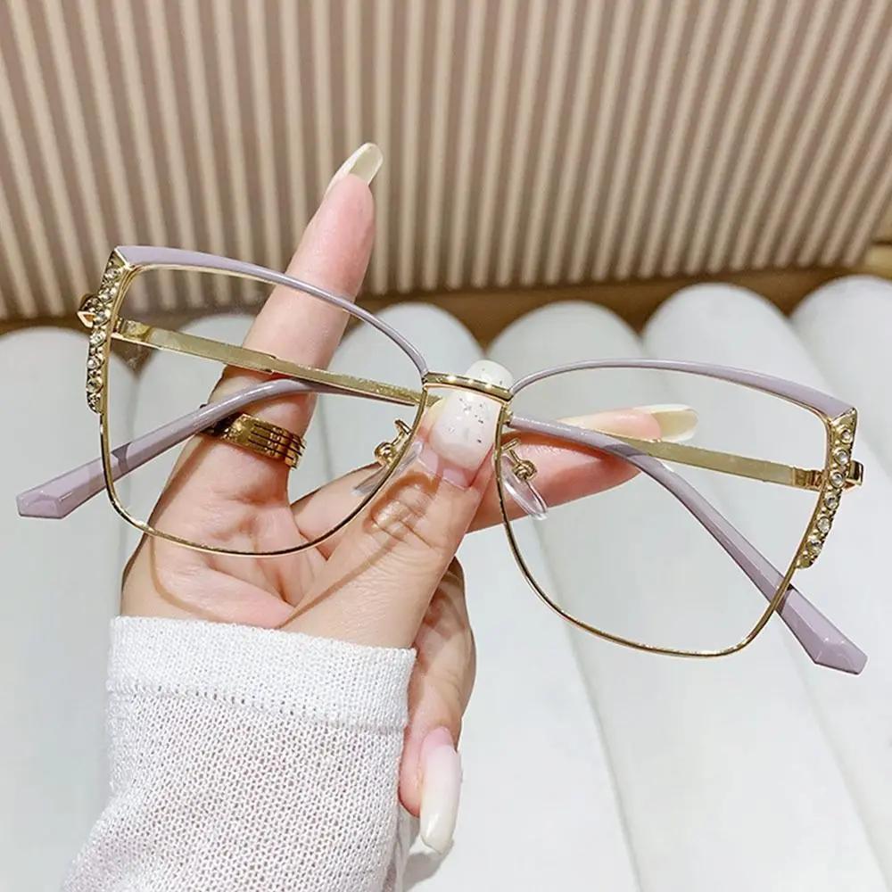 Women Fashion Rhinestone Anti-Blue Light Glasses Eye Care Ultra Light Cat Eye Frame Optical Eyeglasses Office Computer Goggles