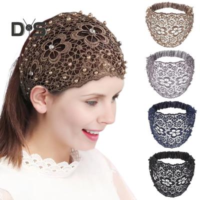 Fascia per capelli con motivo floreale, perle finte, elastica alta, larga, per donna
