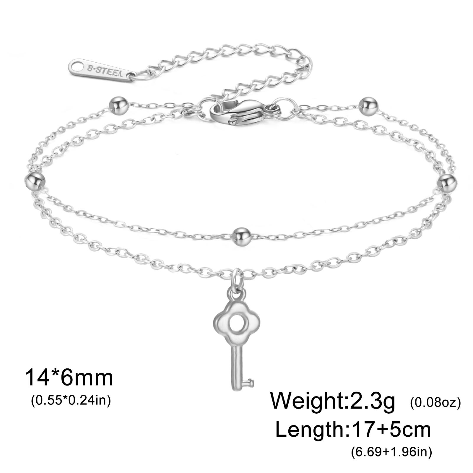 

Teamer Flower Key Charm Bracelet Stainless Steel Double Layer Beads Chain For Women Girls Fashion Sweet Jewelry Birthday Gift 17-22cm