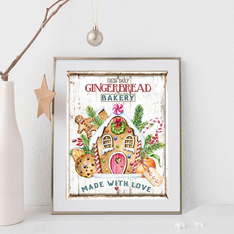 Kitchen Christmas Wall Art Print Hot Chocolate, Candyland Express, Gingerbread Bakery Sign Poster Vintage Canvas Painting Decor