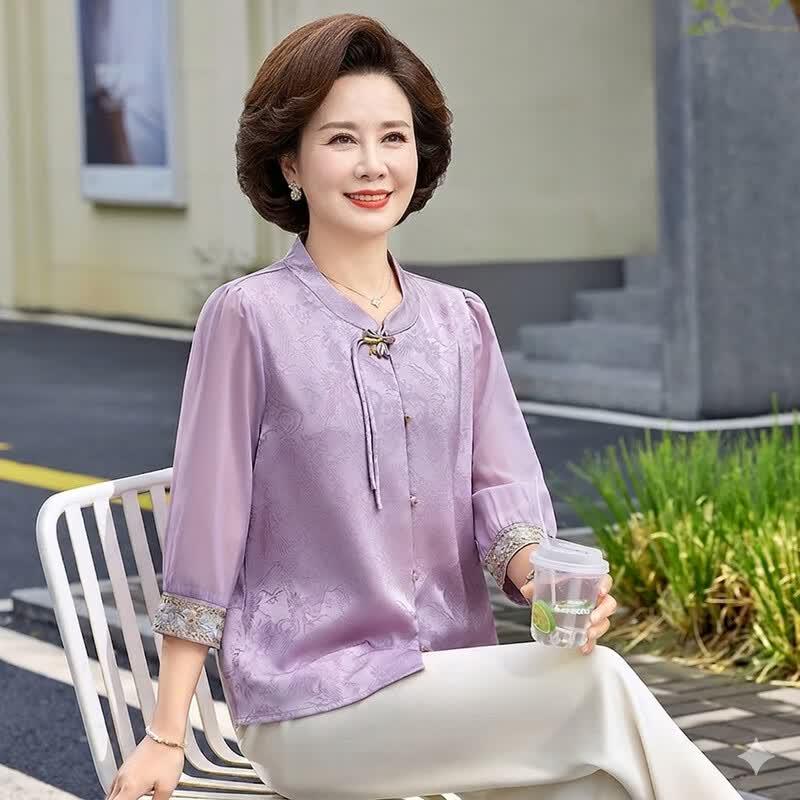 AEMAPE Elegant New Chinese Style Chiffon Top and Wide-Leg Pants Set for Moms 2XL