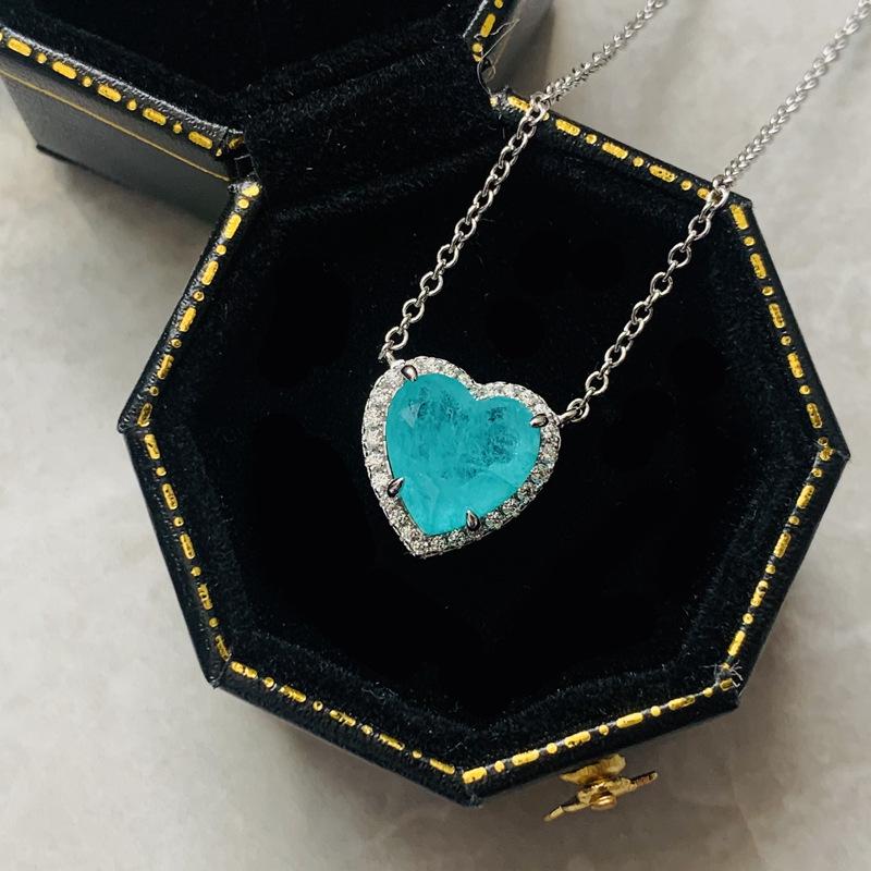 S925 Silver Heart Paraiba Necklace - Women's Layered Clavicle Chain Pendant