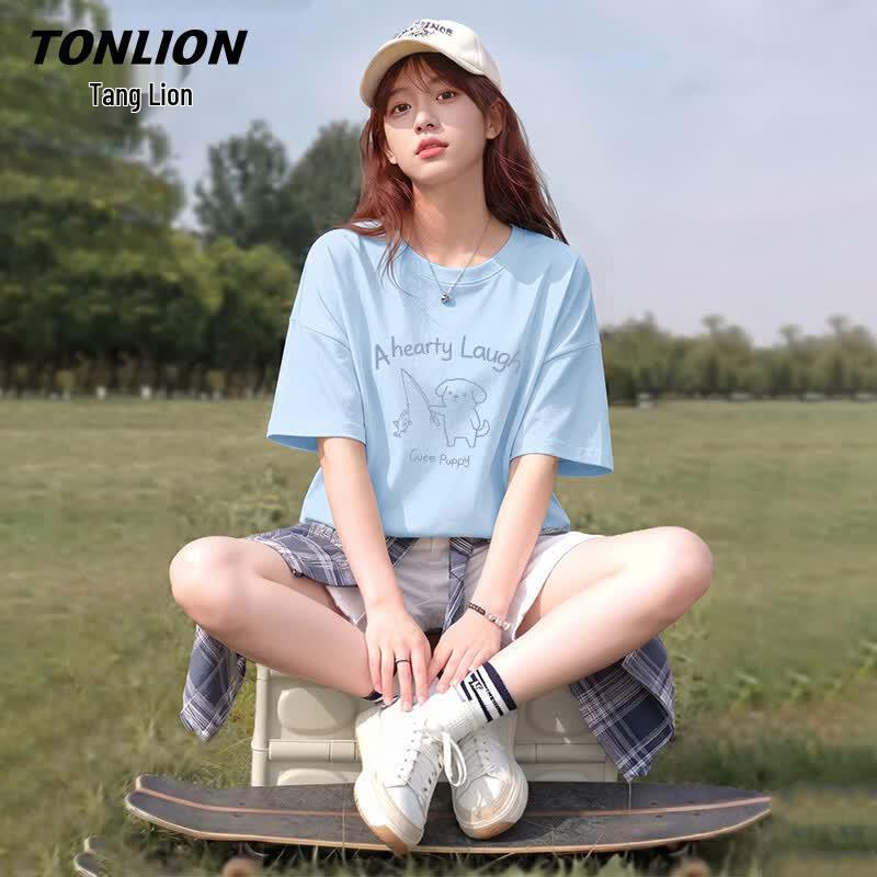 TonLion Women s Heavyweight Pure Cotton Puppy Graphic T-Shirt 3XL