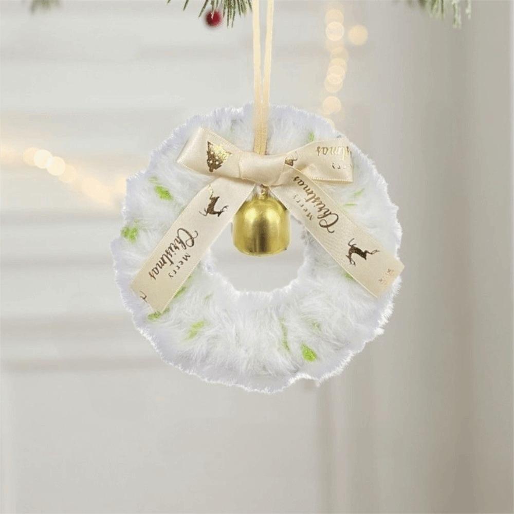 Soft Plush Christmas Wreath Ribbon Bow Bell Accents Christmas Plush Wreath Bowknot Mini Ornament Xmas Tree Wreath Holiday Home