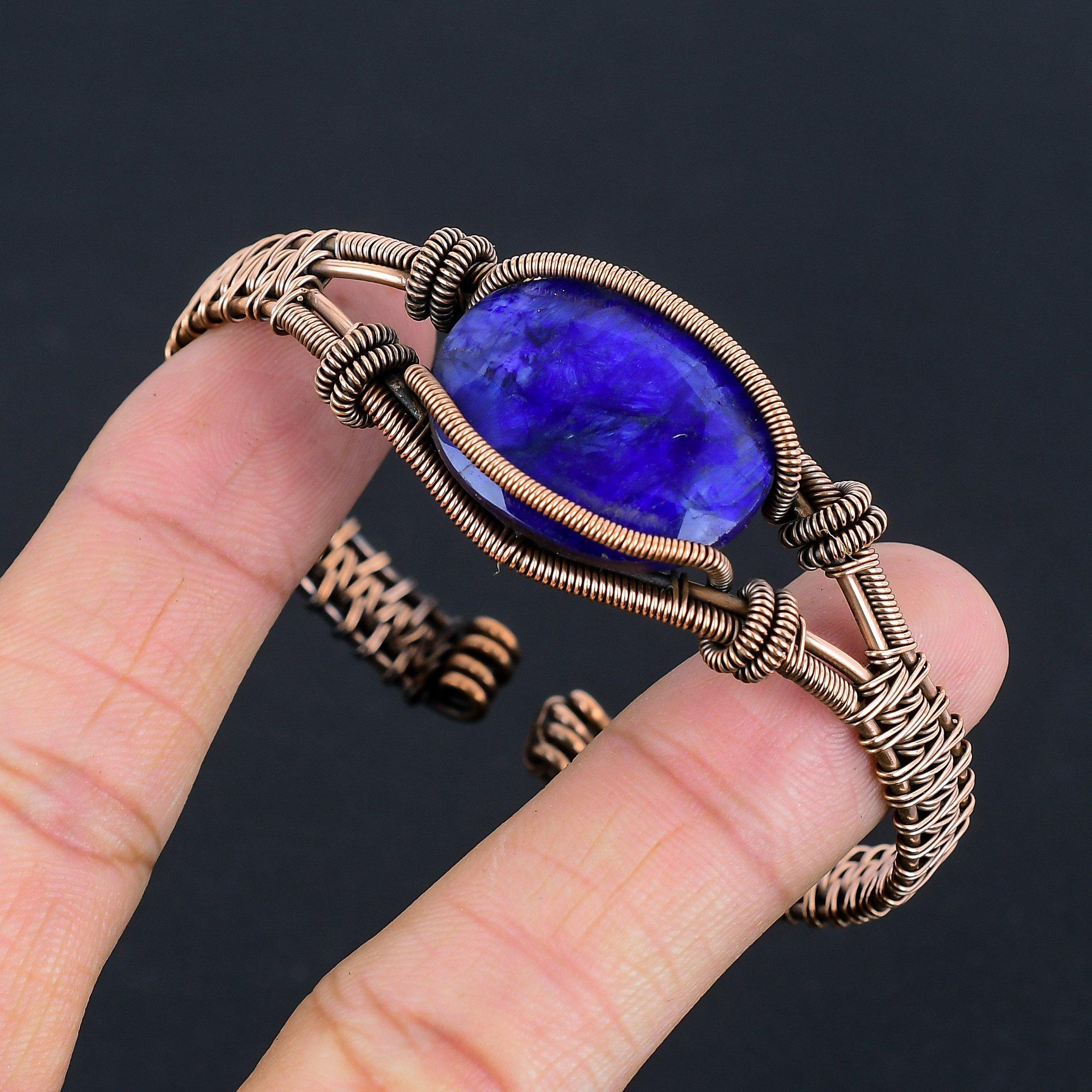 

Браслет с синим сапфиром, Браслет из натуральных камней ручной работы, Антикварное украшение, обернутое медной проволокой 999 пробы, Для подарка на помолвку