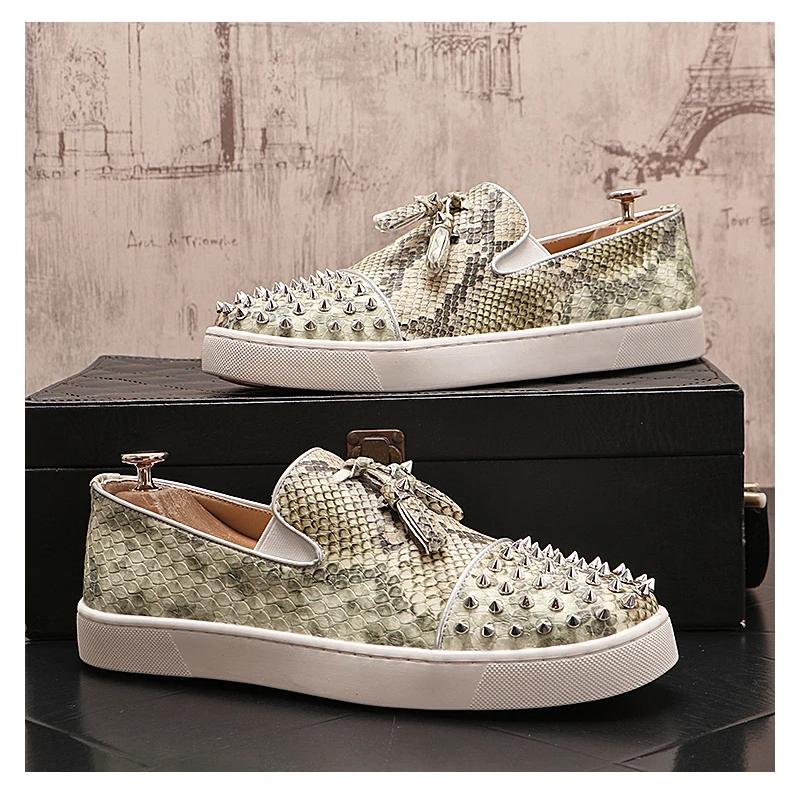 

мужская мода шипы заклепки обувь слипоны принт змеиной кожи заклепки обувь мягкая кожа балетки кисточки лоферы дизайнерская обувь мужская 265 темные хаки