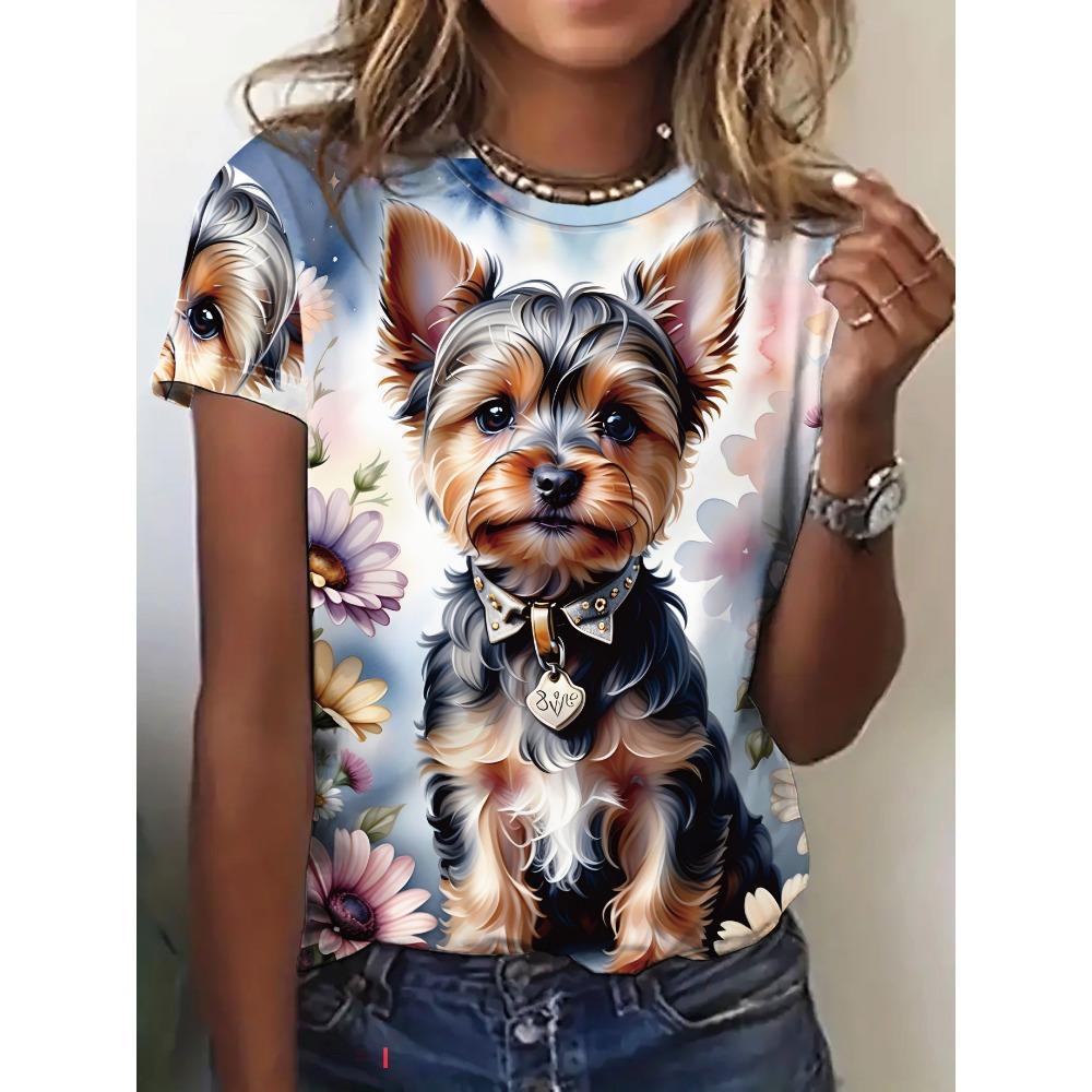 Pastel Floral Puppy Women s Tee  Cute Yorkie Graphic, Sweet Pet Print Design for Casual Daily Wear S
